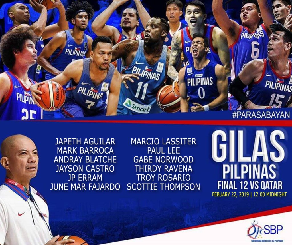 Gilas Pilipinas Roster vs Qatar FIBA Qualifiers 6th Window Gilas